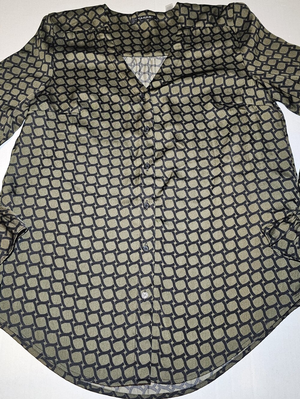 Tahari Women's Retro Boho Shirt Size S Ruffled Sleeves Olive Green Black